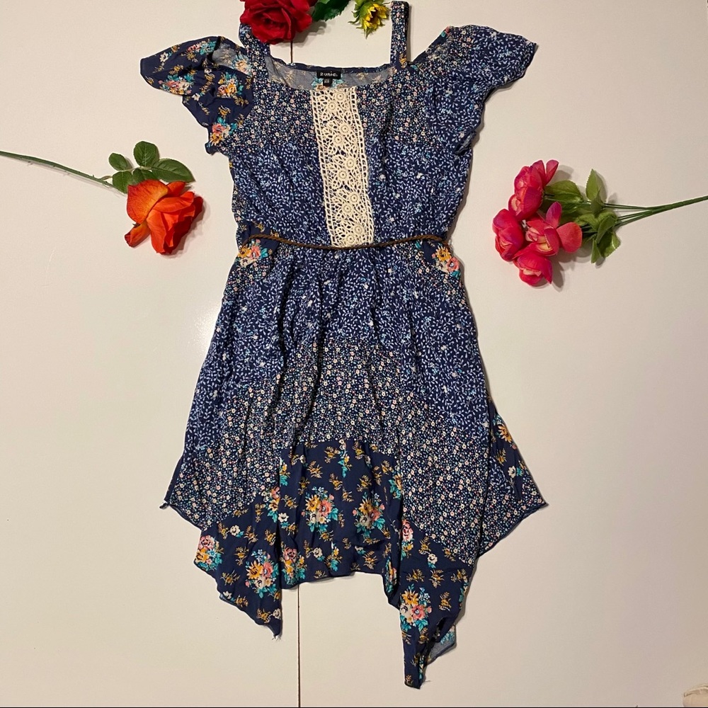 Zunie Blue Floral Asymmetrical Dress Girls 14 / 16